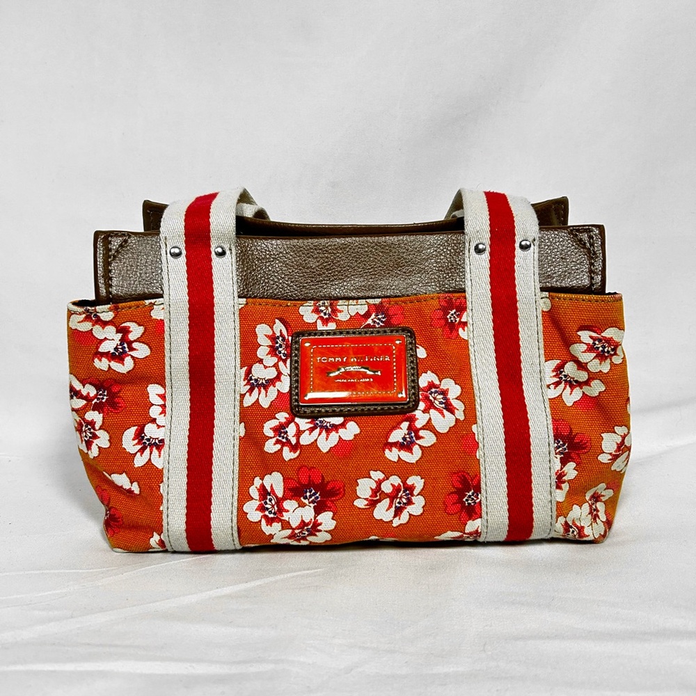 RARE Y2K Tommy Hilfiger Orange Hibiscus Floral Canvas Mini Tote